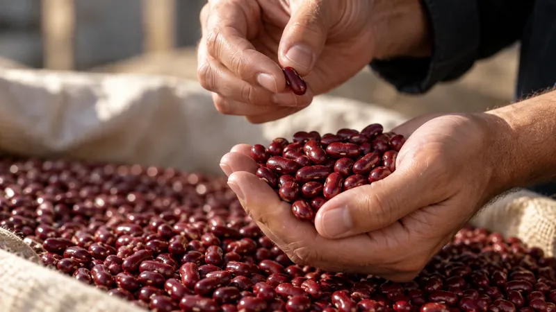 Hands inspecting beans