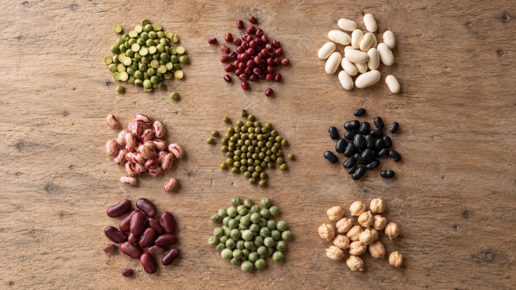 Split peas, adzuki, alubia, cranberry, mung, black beans, dark red kidney beans, green peas and chickpeas
